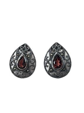 Vintage Sterling Silver Open Scroll Work Surrounding Red Gem Earrings